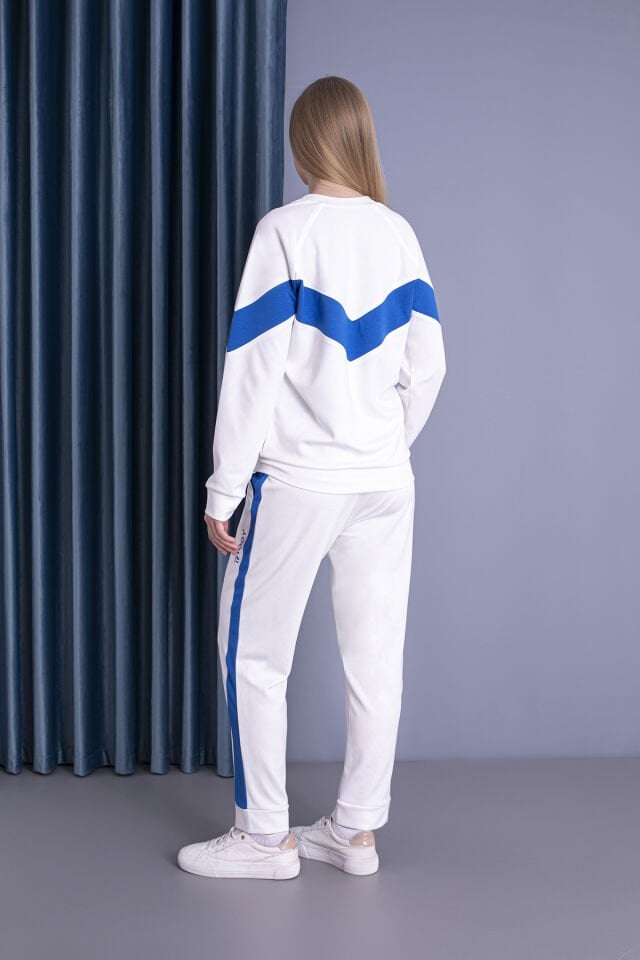 0058 Unisex Yanı Sax Mavi Şerit Krem Eşofman