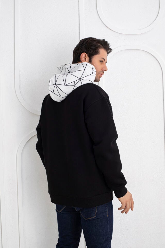 0069 Cep & Kapşon Mozaik Desenli Unisex Sweat Siyah & Beyaz S - siyah & beyaz