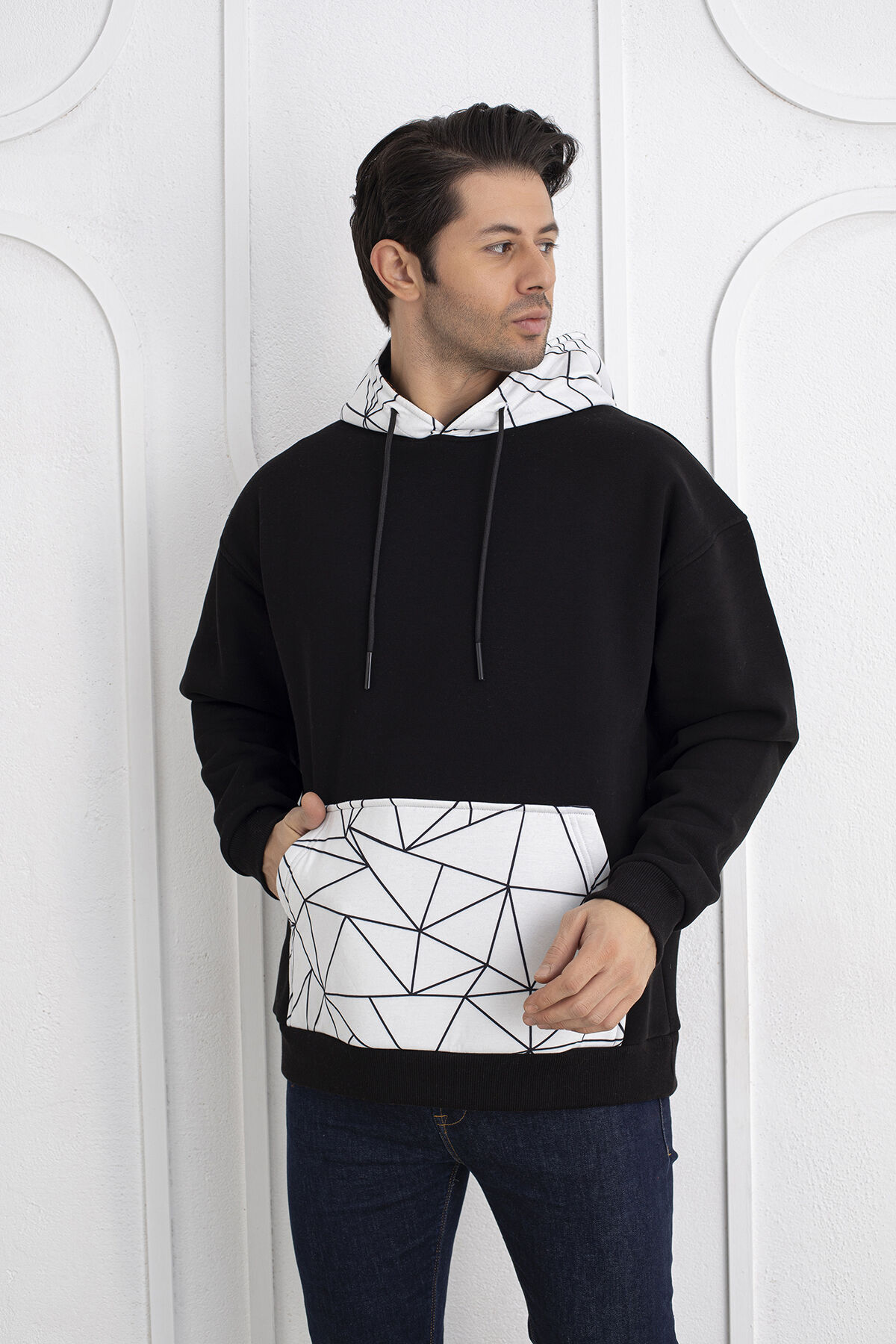 0069 Cep & Kapşon Mozaik Desenli Unisex Sweat Siyah & Beyaz M - siyah & beyaz