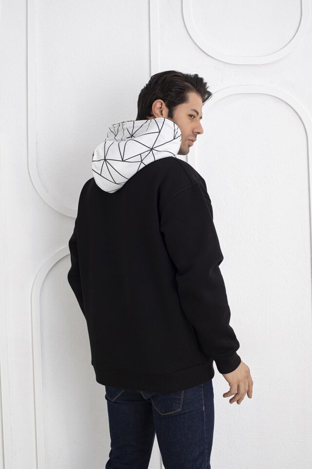0069 Cep & Kapşon Mozaik Desenli Unisex Sweat Siyah & Beyaz M - siyah & beyaz