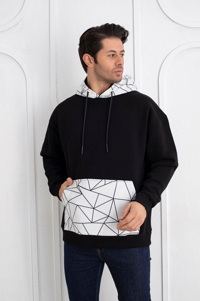 0069 Cep & Kapşon Mozaik Desenli Unisex Sweat Siyah & Beyaz L - siyah & beyaz