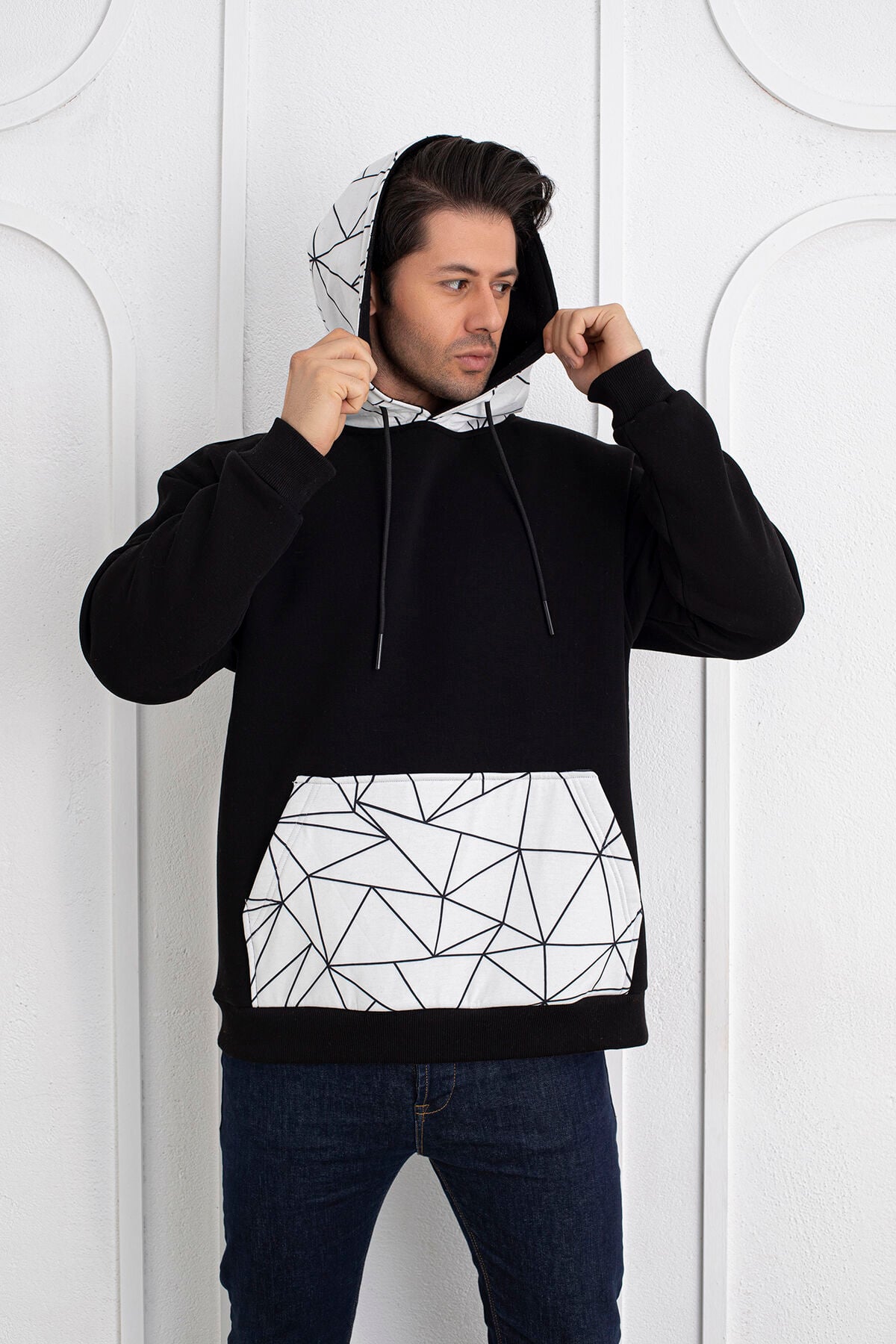 0069 Cep & Kapşon Mozaik Desenli Unisex Sweat Siyah & Beyaz XL - siyah & beyaz