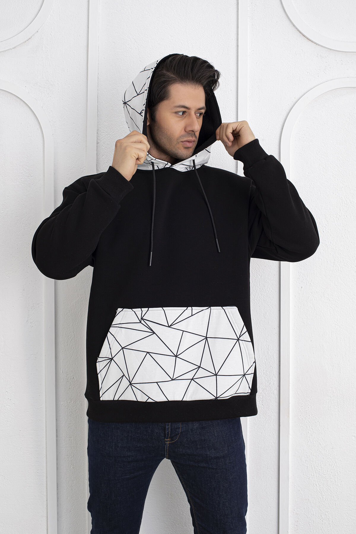 0069 Cep & Kapşon Mozaik Desenli Unisex Sweat Siyah & Beyaz 2XL - siyah & beyaz