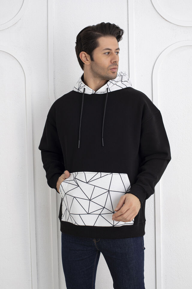 0069 Cep & Kapşon Mozaik Desenli Unisex Sweat Siyah & Beyaz 2XL - siyah & beyaz