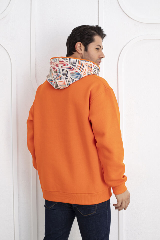 0068 Kapşon & Cep Yaprak Desenli Unisex Turuncu Sweat S - TURUNCU