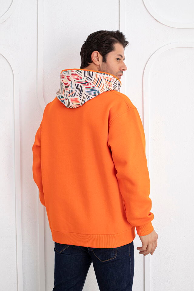 0068 Kapşon & Cep Yaprak Desenli Unisex Turuncu Sweat M - TURUNCU