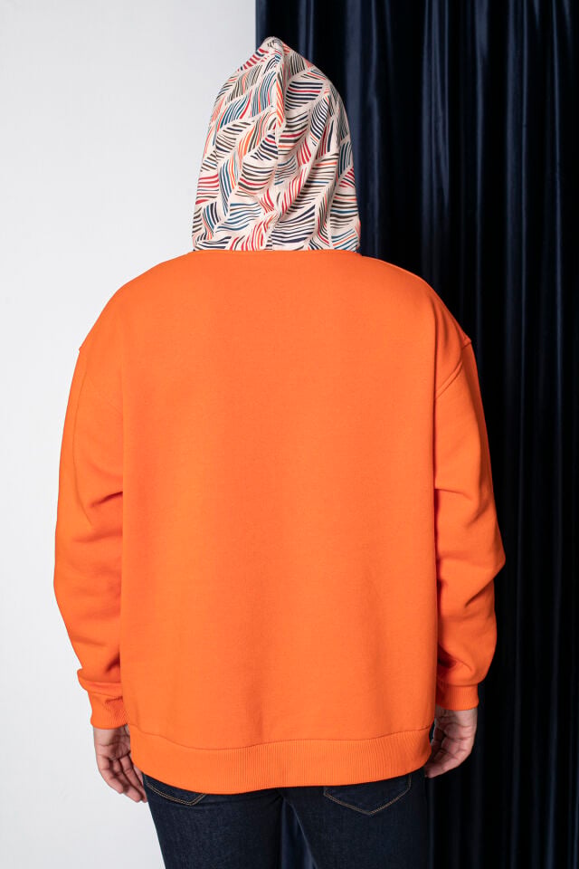 0068 Kapşon & Cep Yaprak Desenli Unisex Turuncu Sweat M - TURUNCU