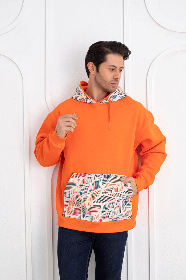 0068 Kapşon & Cep Yaprak Desenli Unisex Turuncu Sweat M - TURUNCU