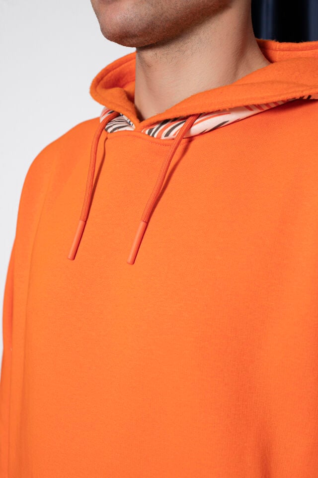 0068 Kapşon & Cep Yaprak Desenli Unisex Turuncu Sweat XL - TURUNCU