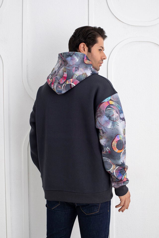 0067 Kol & Kapşon Gezegen Desenli Unisex Antrasit Sweat S - Antrasit