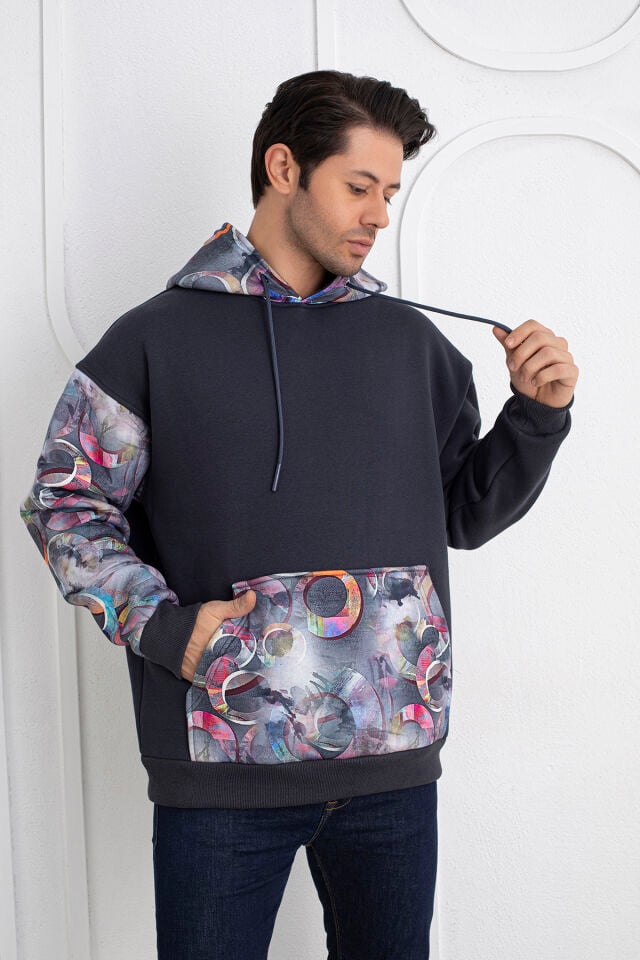 0067 Kol & Kapşon Gezegen Desenli Unisex Antrasit Sweat S - Antrasit
