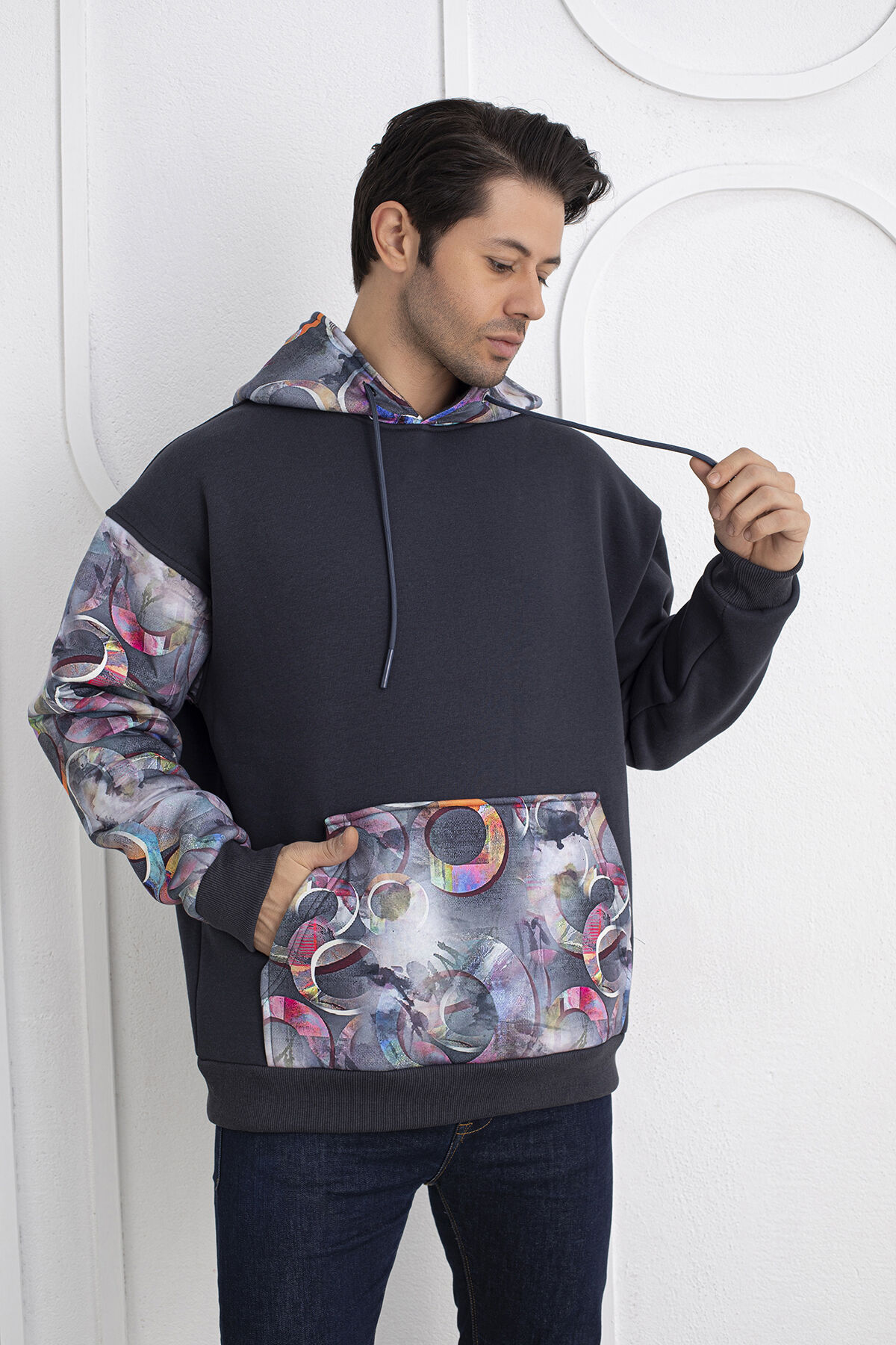 0067 Kol & Kapşon Gezegen Desenli Unisex Antrasit Sweat XL - Antrasit