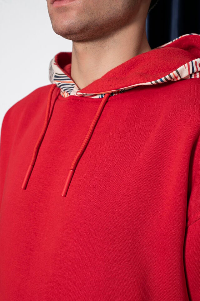 0066 Kapşon Yaprak Desenli Unisex Kırmızı Sweat S - KIRMIZI