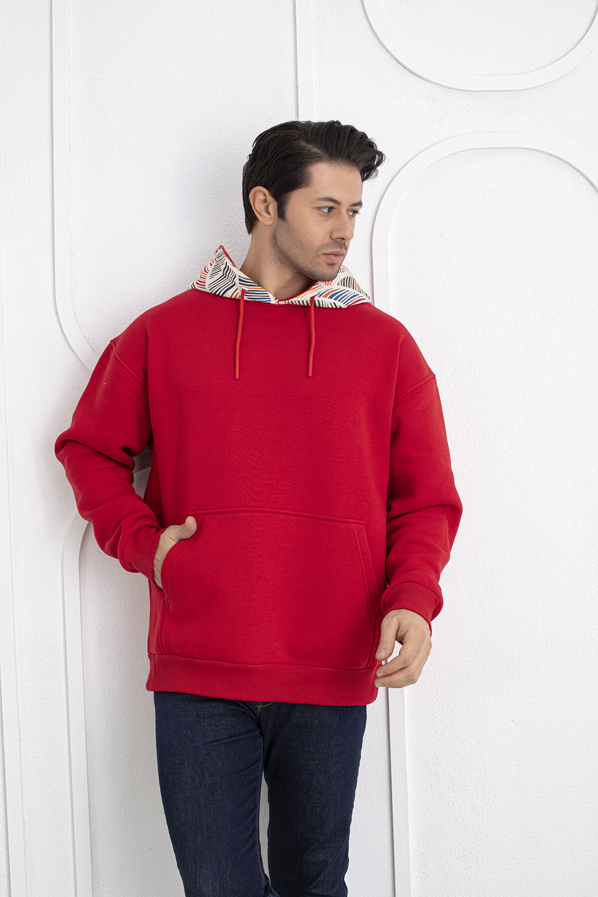 0066 Kapşon Yaprak Desenli Unisex Kırmızı Sweat S - KIRMIZI