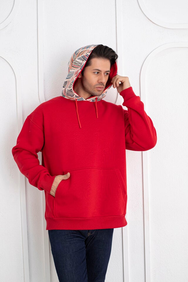 0066 Kapşon Yaprak Desenli Unisex Kırmızı Sweat 2XL - KIRMIZI