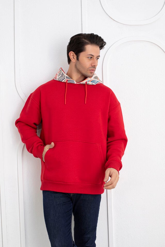 0066 Kapşon Yaprak Desenli Unisex Kırmızı Sweat 2XL - KIRMIZI