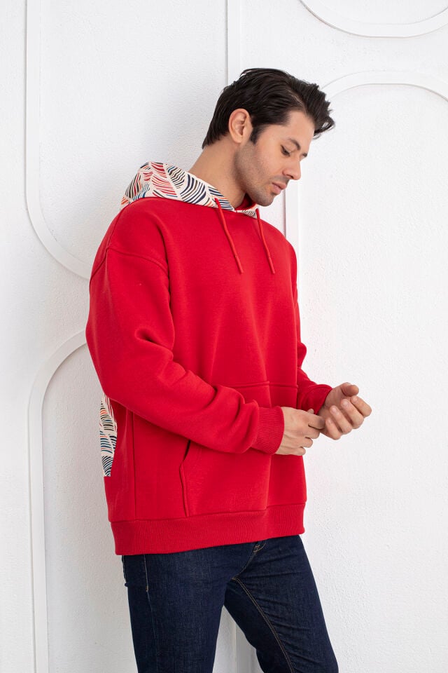 0066 Kapşon Yaprak Desenli Unisex Kırmızı Sweat 2XL - KIRMIZI