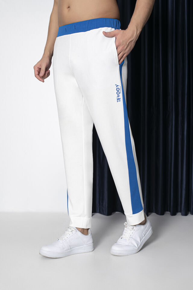 0058 Unisex Yanı Sax Mavi Şerit Krem Eşofman M - Sax mavi & Krem