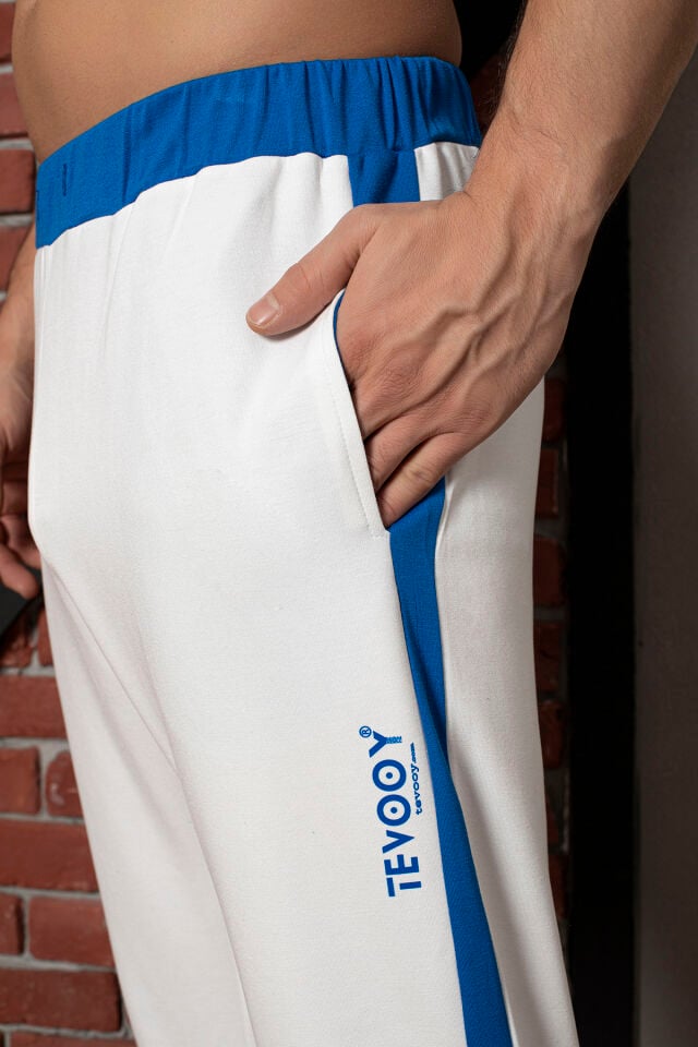 0058 Unisex Yanı Sax Mavi Şerit Krem Eşofman XL - Sax mavi & Krem