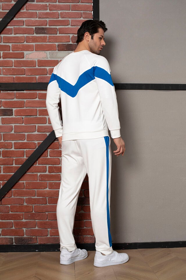 0058 Unisex Yanı Sax Mavi Şerit Krem Eşofman XL - Sax mavi & Krem