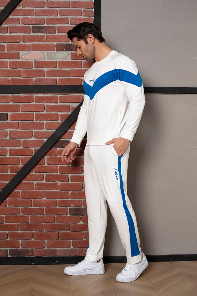 0058 Unisex Yanı Sax Mavi Şerit Krem Eşofman 2XL - Sax mavi & Krem