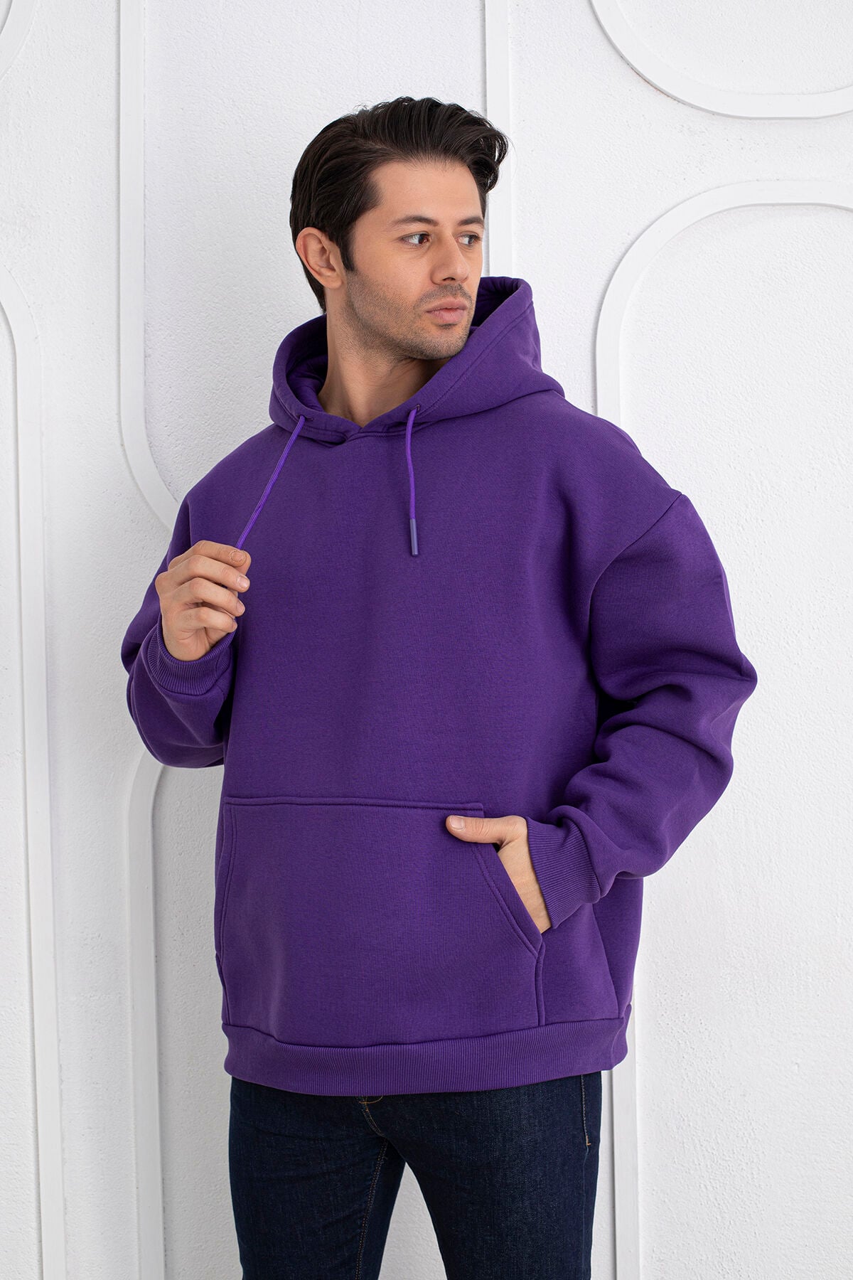 0003 PEMBE Unisex Kapşomlu Cepli Owersıze Sweatshirt L - MOR