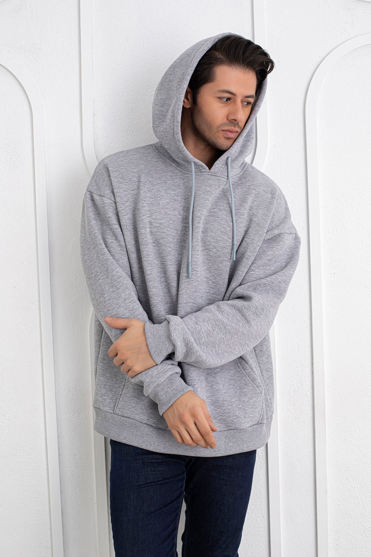 0003 PEMBE Unisex Kapşomlu Cepli Owersıze Sweatshirt M - GRİ