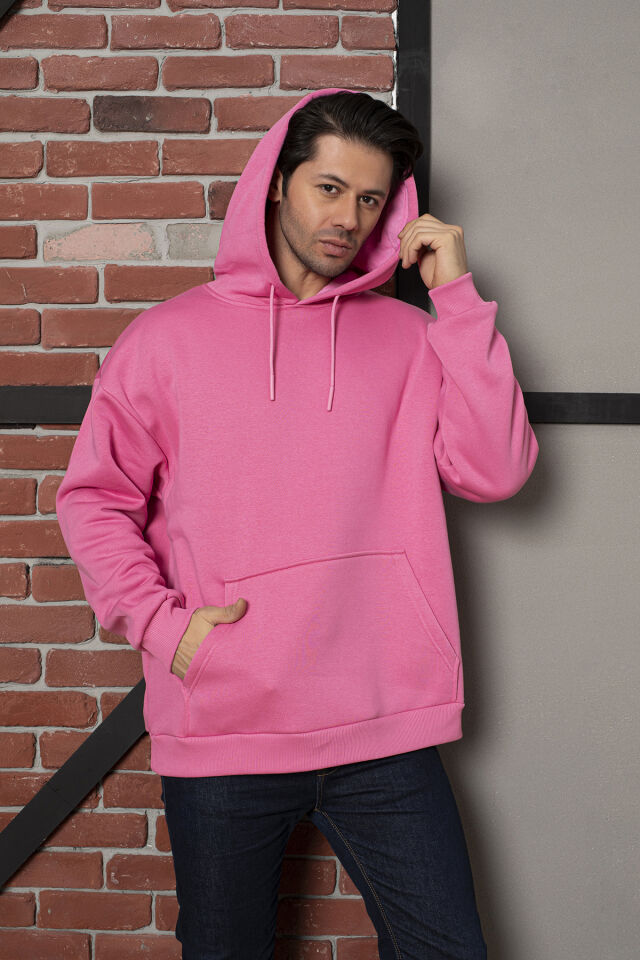 0003 MOR Unisex Kapşonlu Cepli Owersıze Sweatshirt L - PEMBE