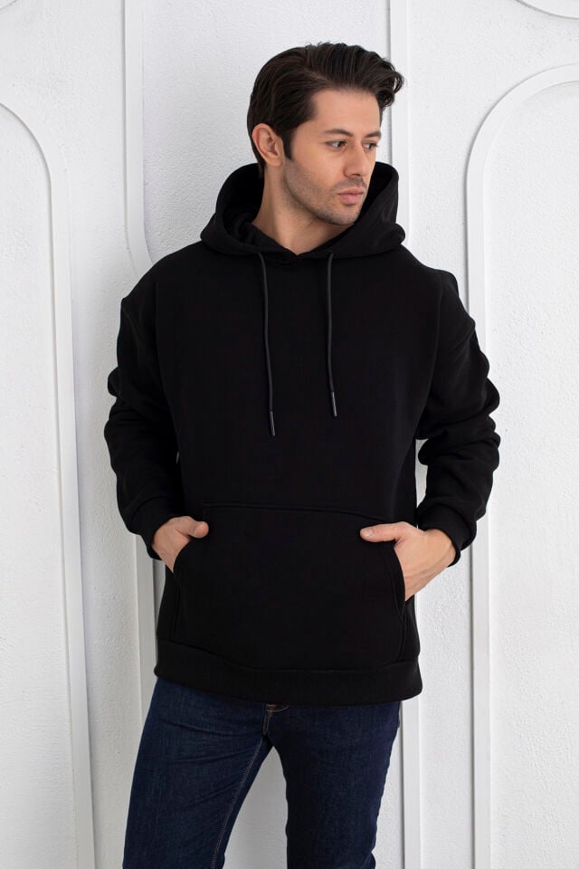 0003 MOR Unisex Kapşonlu Cepli Owersıze Sweatshirt L - SİYAH
