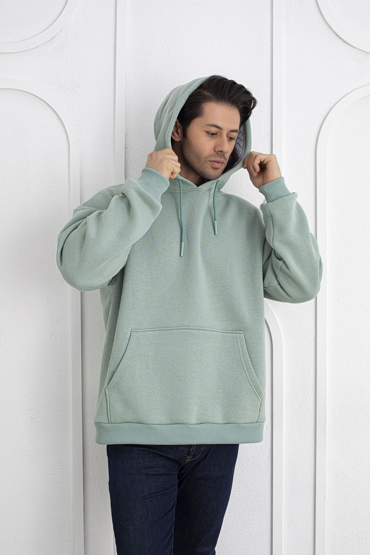 0003 MOR Unisex Kapşonlu Cepli Owersıze Sweatshirt 2XL - YEŞİL