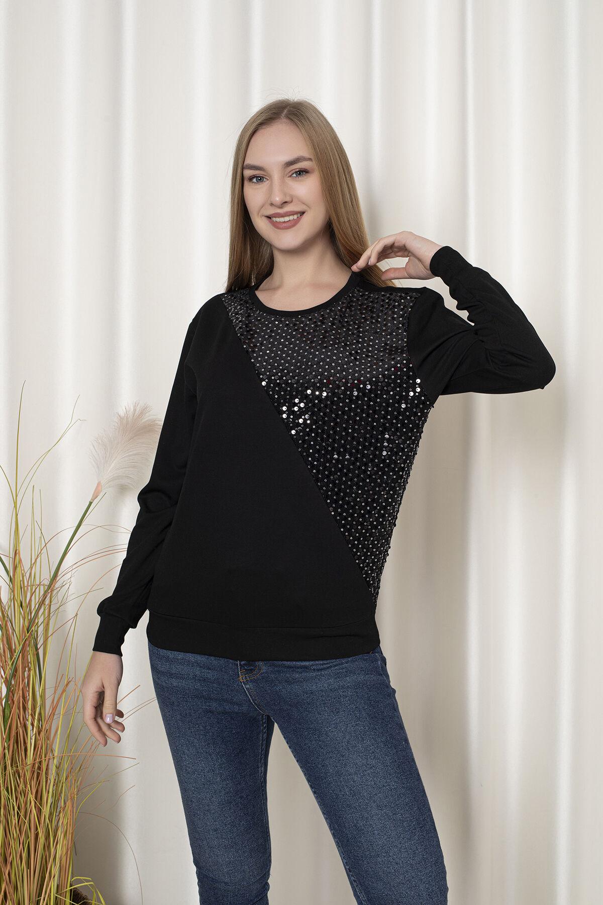 0065 oysho pullu model sweat M - Siyah