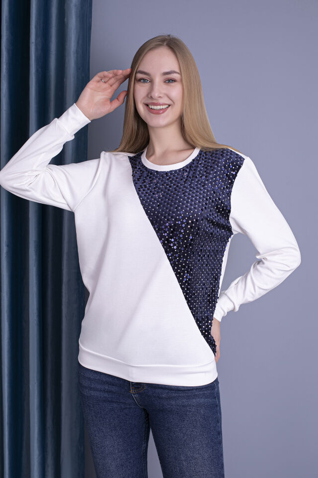 0065 Oysho Pullu Sweat Krem Lacivert M - krem lacivert