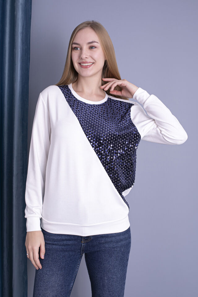 0065 Oysho Pullu Sweat Krem Lacivert XL - krem lacivert