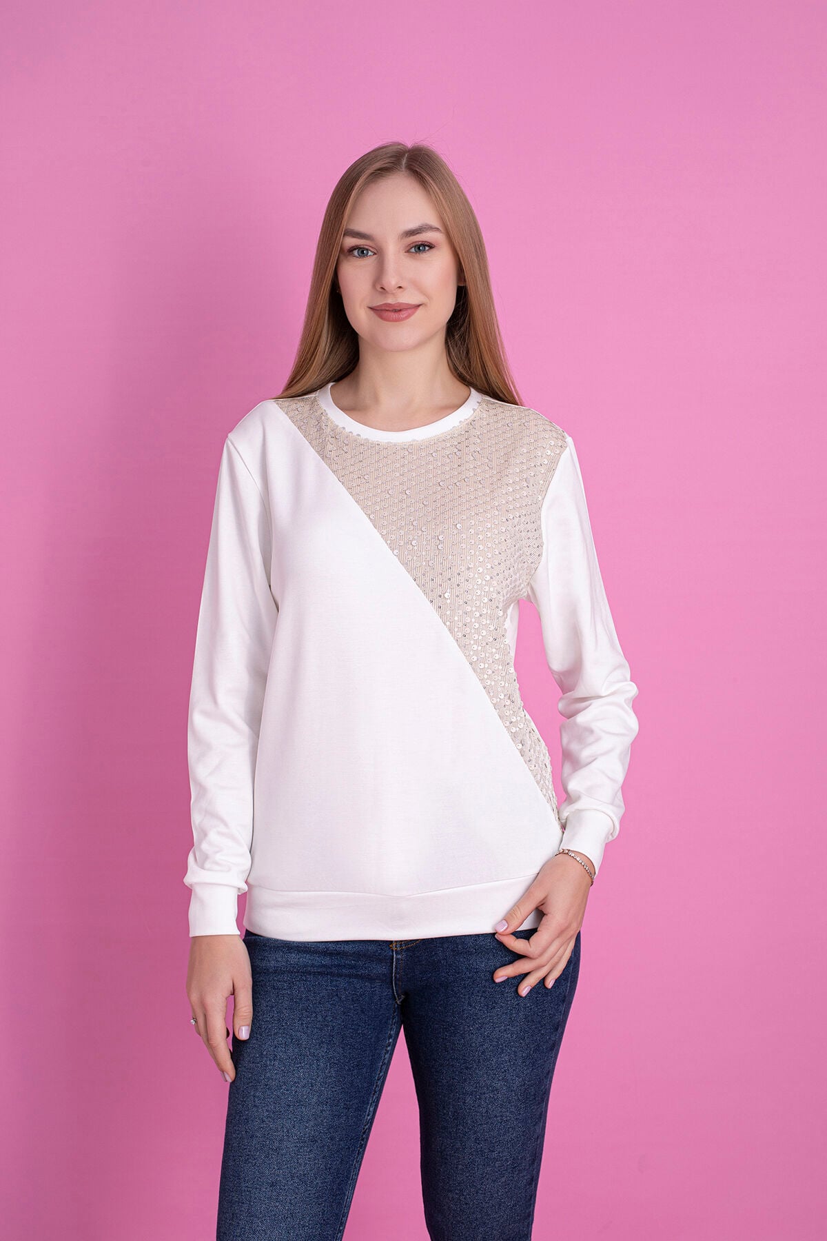 0065 Oysho Pullu Sweat Krem Lacivert 2XL - KREM
