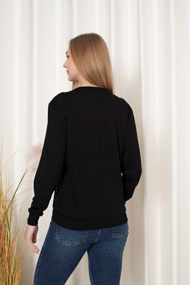 0065 Oysho Pullu Sweat Krem Lacivert S - SİYAH