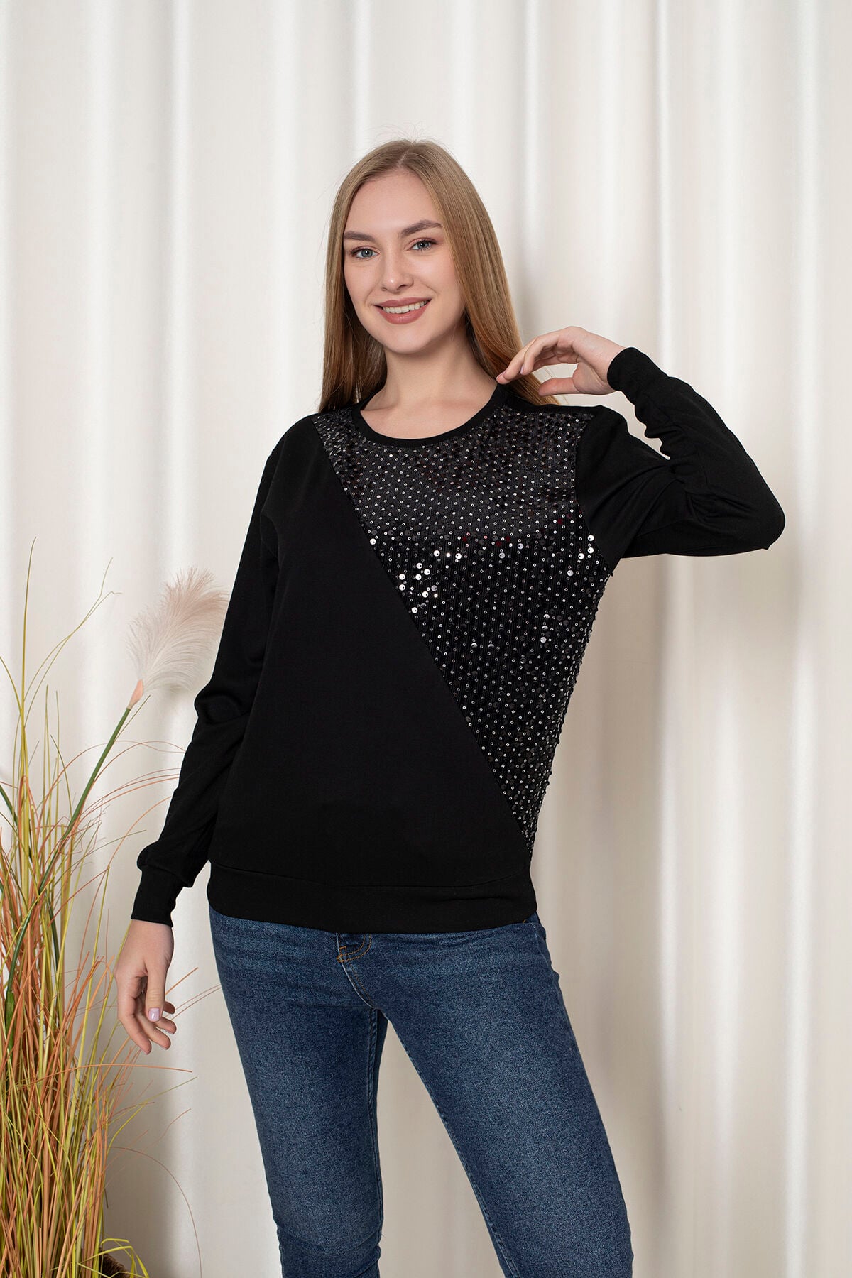 0065 Oysho Pullu Sweat Krem Lacivert 2XL - SİYAH