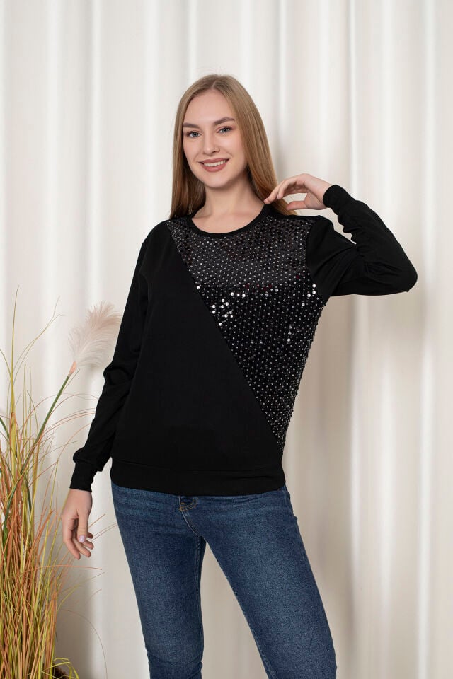 0065 Oysho Pullu Sweat Siyah S - SİYAH