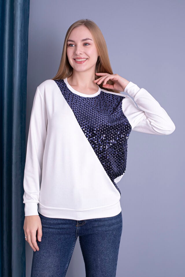 0065 Oysho Pullu Sweat Siyah L - krem lacivert