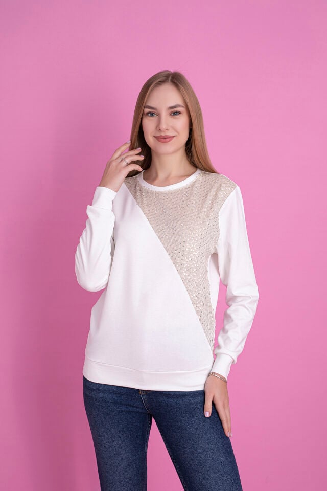 0065 Oysho Pullu Sweat Siyah L - KREM