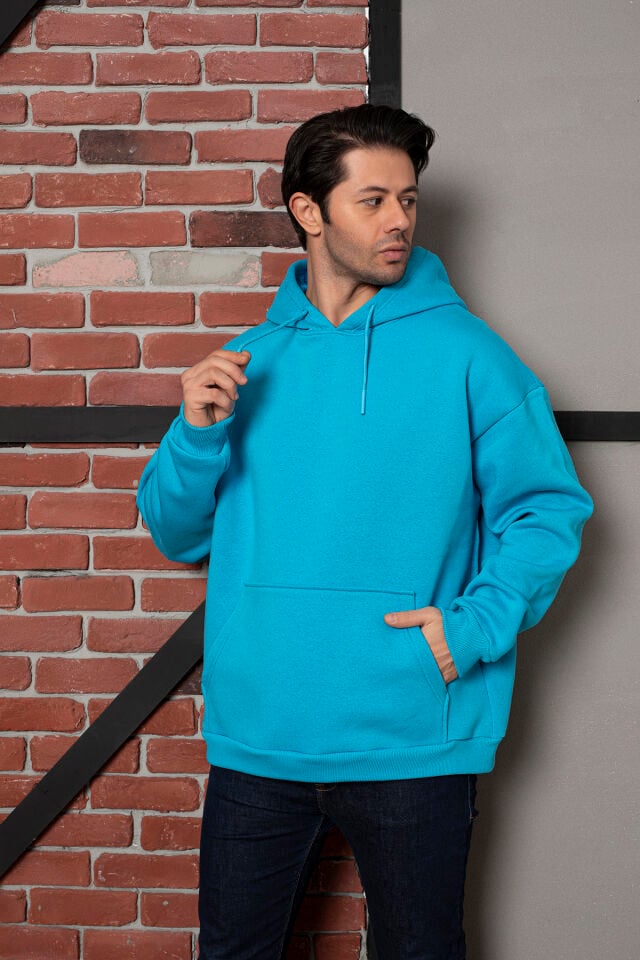 0003 Owersize Kapşonlu Mavi Sweatshirt S - MAVİ