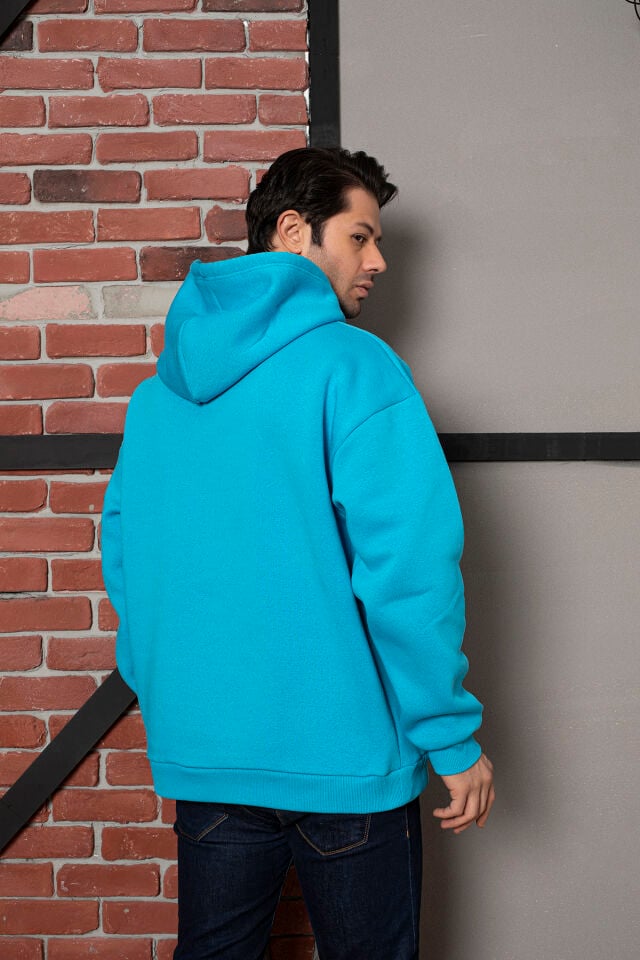 0003 Owersize Kapşonlu Mavi Sweatshirt L - MAVİ