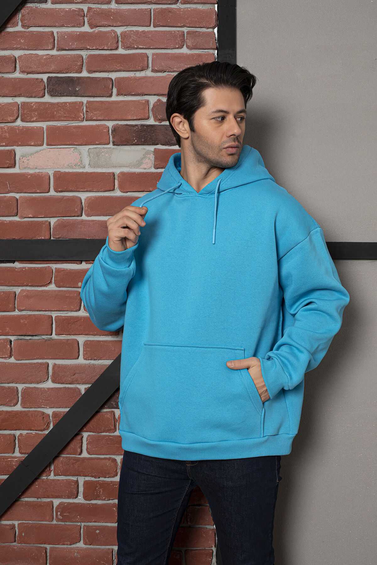 0003 Owersize Kapşonlu Mavi Sweatshirt L - MAVİ