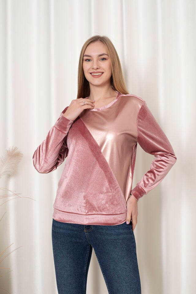 0062 Kadife Üçken Deri Sweat  Mavi & Gri XL - PEMBE