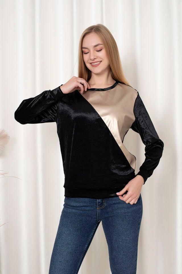 0062 Kadife Üçken Deri Sweat  Mavi & Gri M - siyah gold