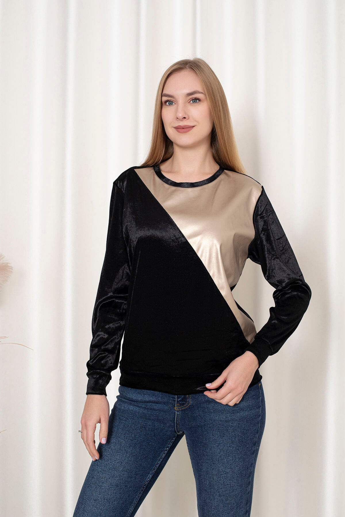 0062 Kadife Üçken Deri Sweat  Mavi & Gri L - siyah gold