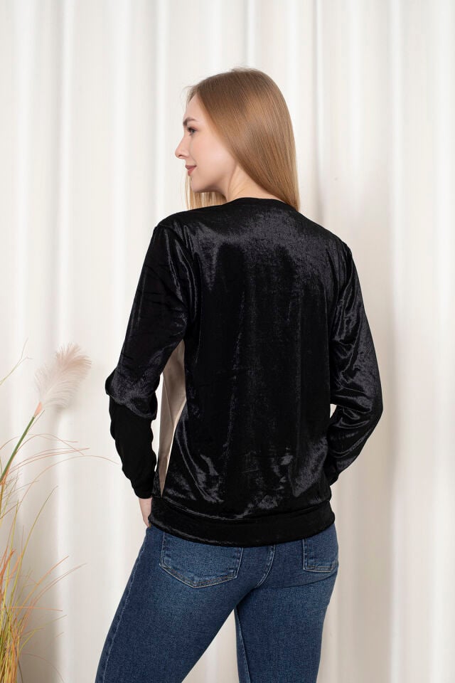 0062 Kadife Üçken Deri Sweat  Mavi & Gri L - siyah gold