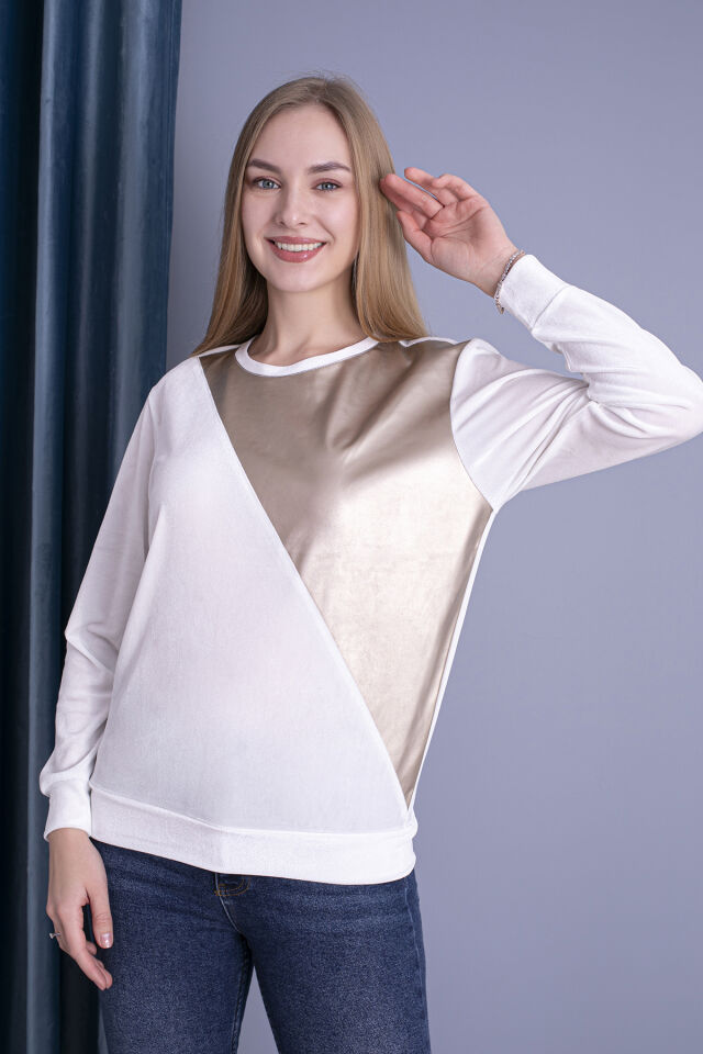 0062 Kadife Üçken Deri Sweat Krem  &  Gold XL - krem gold