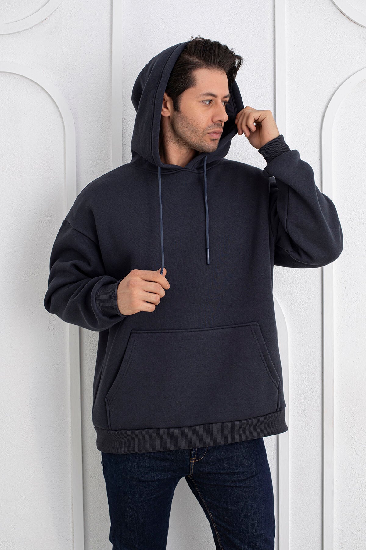 0003 Owersize Kapşonlu Mavi Sweatshirt S - Antrasit