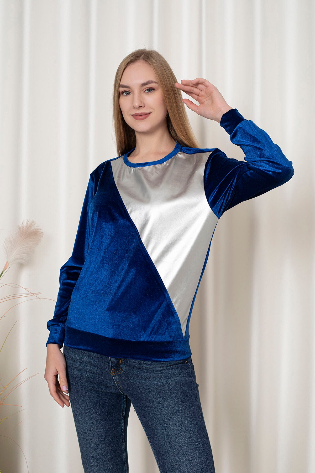 0062 Kadife Üçken Deri Sweat Krem  &  Gold S - mavi gri