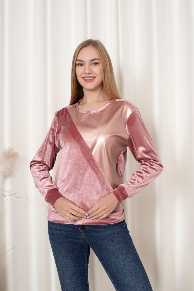 0062 Kadife Üçgen Deri Detay Sweat Pembe